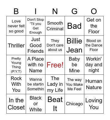 Michael Jackson BINGO Card