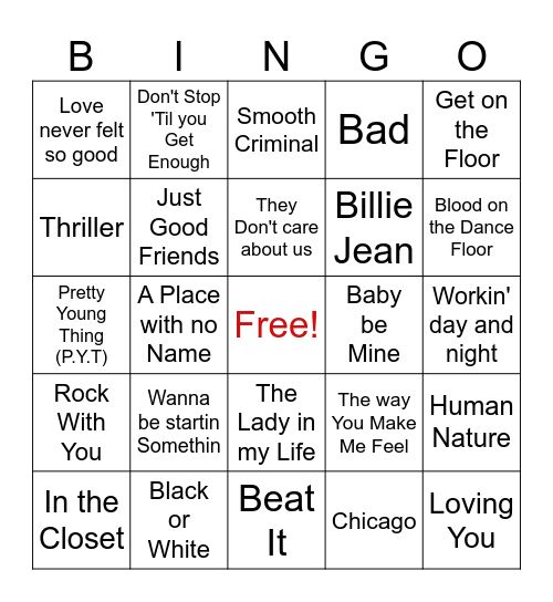 Michael Jackson BINGO Card