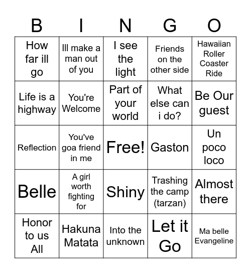 Disney Music BINGO Card