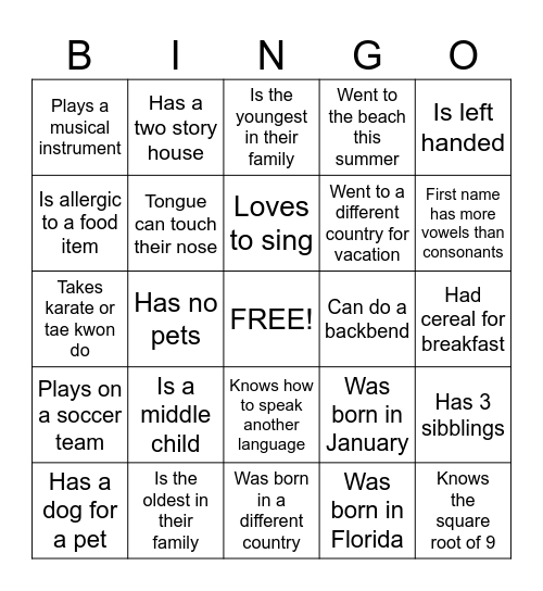 Get to know you Bingo Card