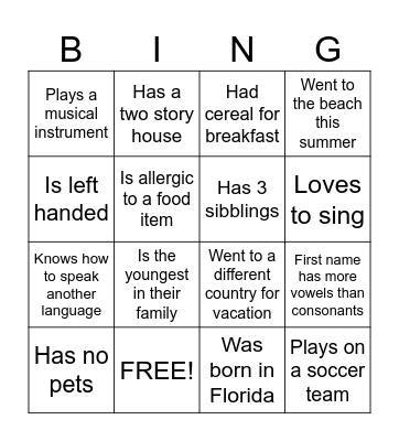 Get to know you Bingo Card