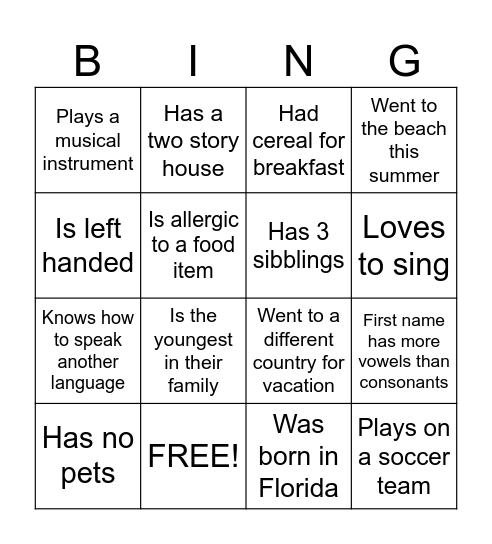 Get to know you Bingo Card