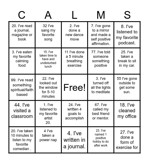 Stress Relief Bingo Card