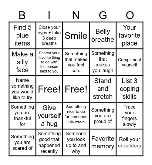 Mindfulness Bingo Card