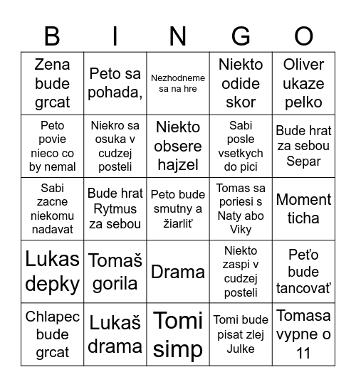 Chata bingo vseobecne Bingo Card