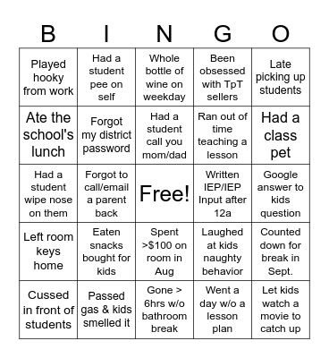 Never Have I Ever (Teacher Edition) Bingo Card