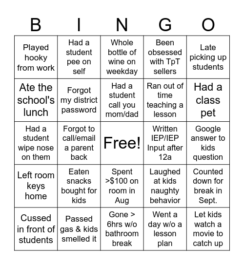 Never Have I Ever (Teacher Edition) Bingo Card