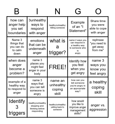 Anger Management Bingo Card