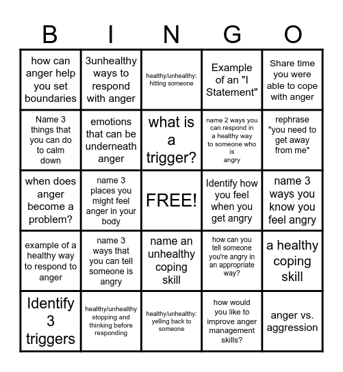 Anger Management Bingo Card