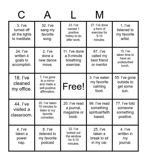 Stress Relief Bingo Card