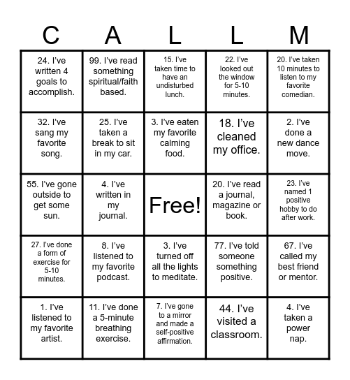 "STRESS RELIEF" Bingo Card