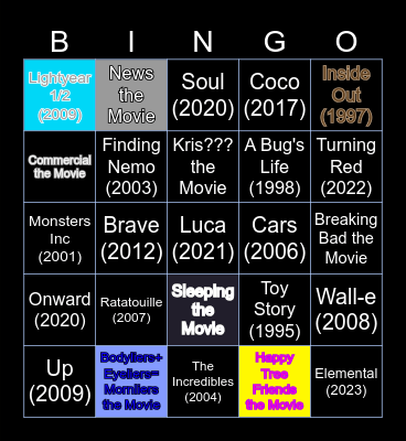 Pixar Movies Bingo Card