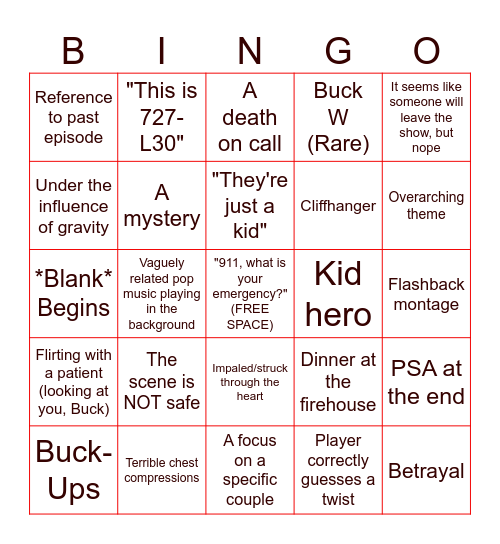 9-1-1 Bingo Card