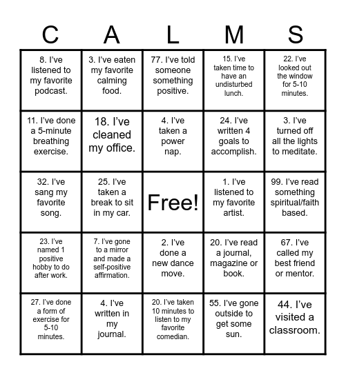 "STRESS RELIEF" Bingo Card