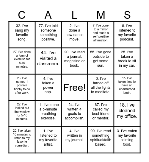 "STRESS RELIEF" Bingo Card