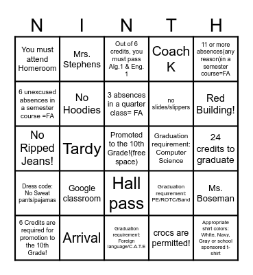 9th Grade Orientation Bingo Card