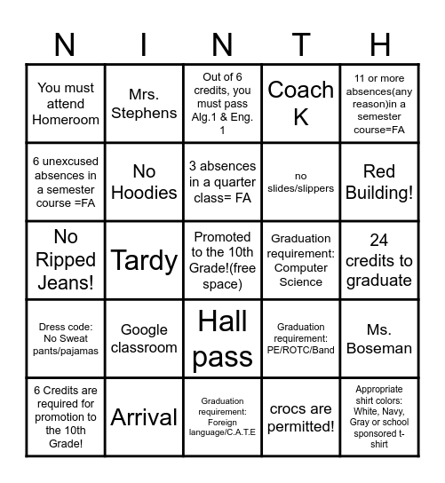 9th Grade Orientation Bingo Card