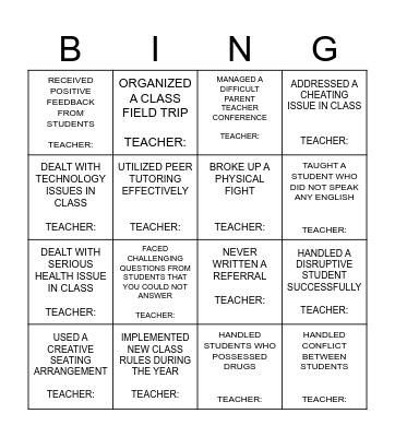 CLASSROOM MGT BINGO FOR TEACHERS Bingo Card