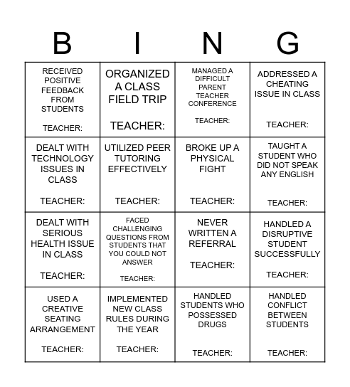 CLASSROOM MGT BINGO FOR TEACHERS Bingo Card