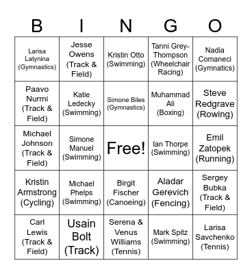 Olympic Alumni Bingo Card