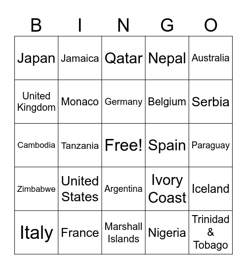 Olympic Roll Call Bingo Card