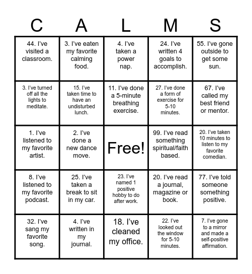 "STRESS RELIEF" Bingo Card