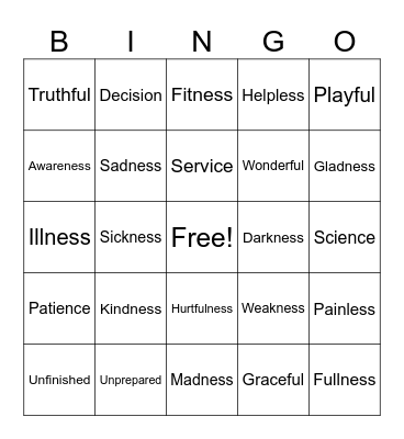 The Suffix Ness Bingo Card