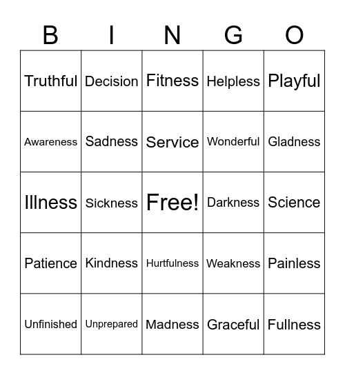 The Suffix Ness Bingo Card