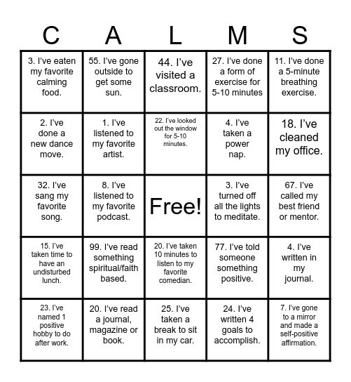 'STRESS RELIEF" Bingo Card