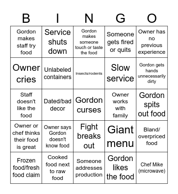 Kitchen Nightmares Bingo Card