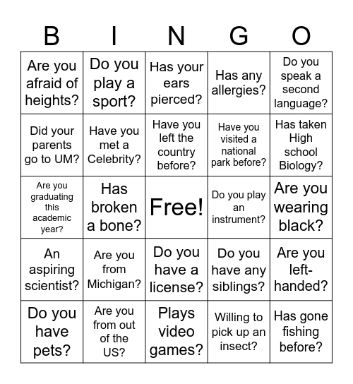 Museum Course Bingo Card