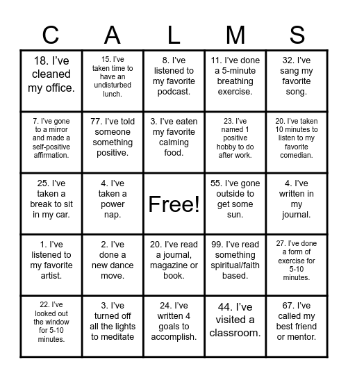 "STRESS RELIEF" Bingo Card