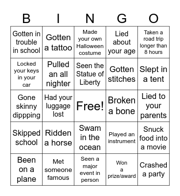 Have You Ever... Bingo Card