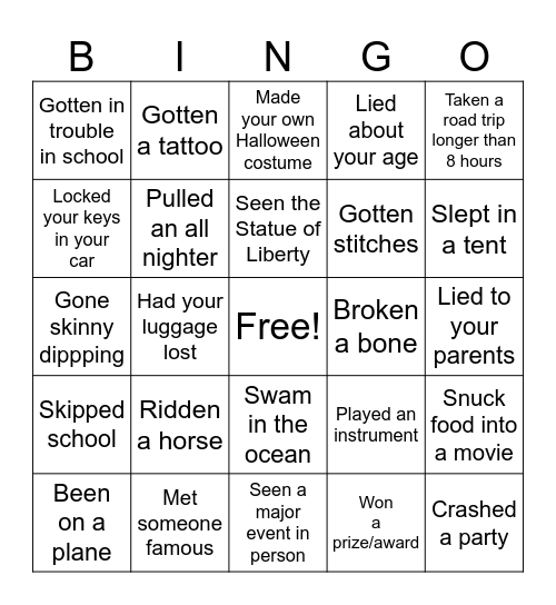 Have You Ever... Bingo Card