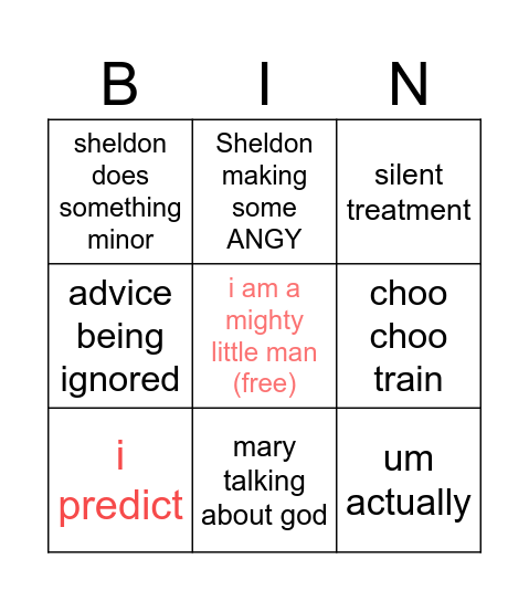 young sheldon Bingo Card