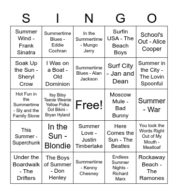 Summertime SINGO Bingo Card