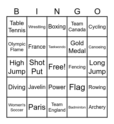 Crestview Olympic Bingo Card