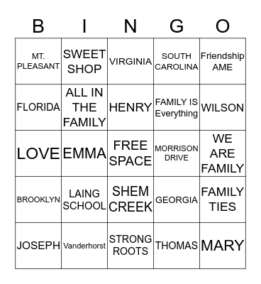 Wilson-Vanderhorst Family Reunion Bingo Card