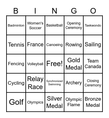 Crestview Olympic Bingo Card