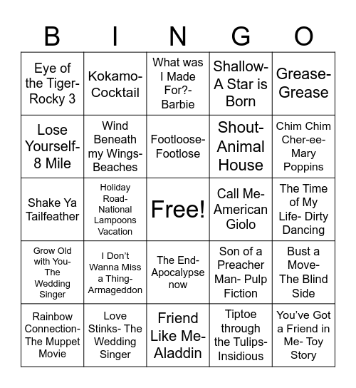 Songs from popular movies Bingo Card