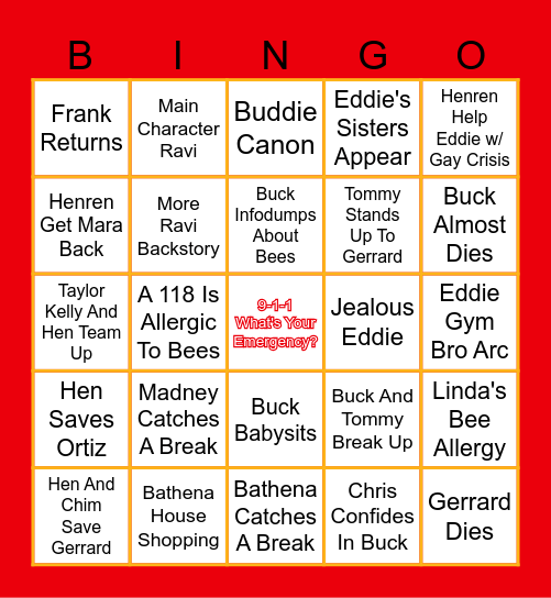 9-1-1 SEASON EIGHT Bingo Card