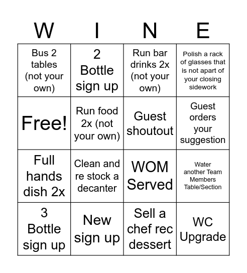 Wine Club Bingo Card