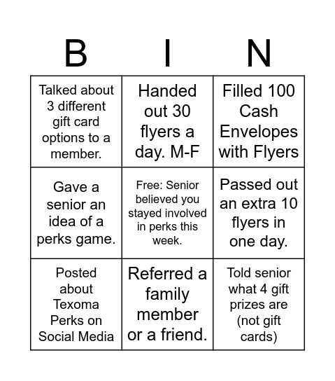 TEXOMA PERKS Bingo Card