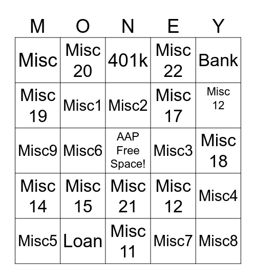 AAP Financial Wellness BINGO Card