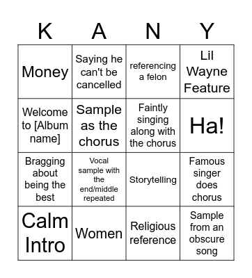 Kanye Song Bingo Card