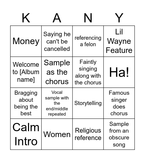 Kanye Song Bingo Card