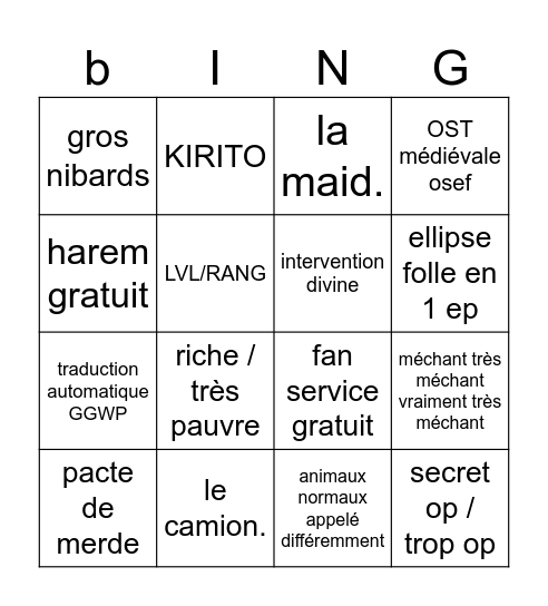 Bingo Isekai de merde Bingo Card