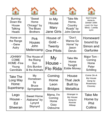 MUSIC BINGO - SONG WITH HOUSE/HOME IN THE TITLE Bingo Card