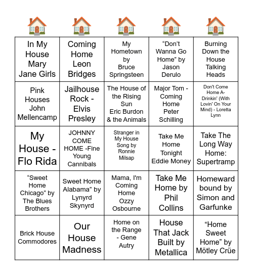 MUSIC BINGO - SONG WITH HOUSE/HOME IN THE TITLE Bingo Card