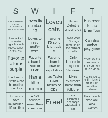 Swiftie Questions Bingo Card